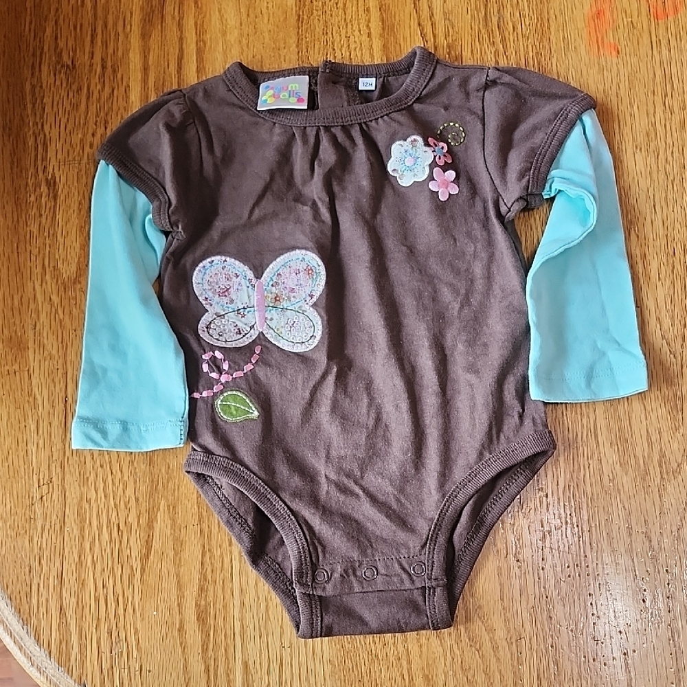 Brown and Turquiose long sleeve onsie 12 month girls baby Gumballs NEW w/o tags
